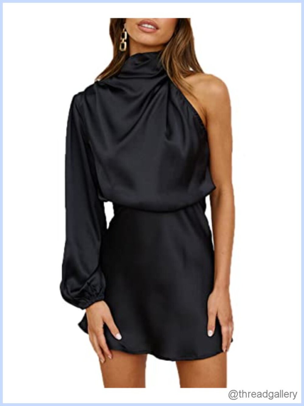 Satin One Shoulder Long Sleeve High Neck Cocktail Mini Dress